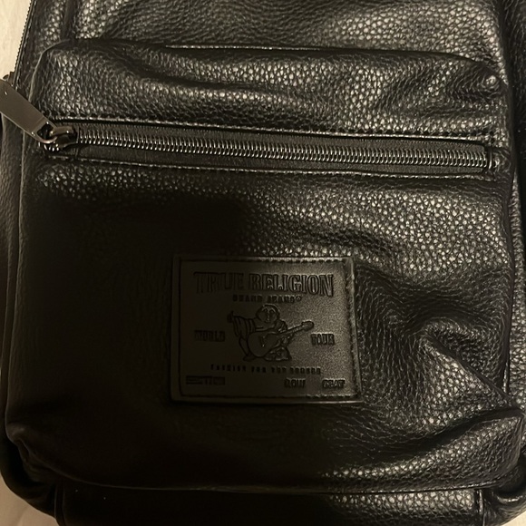 True Religion small black leather backpack with branded canvas strap EUC - Picture 2 of 8